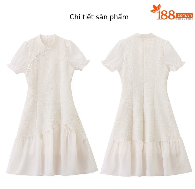 Đầm suông midi tân cổ điển tay ngắn cổ đức, thắt eo nhẹ, phong cách Trung Hoa hiện đại — màu trắng ngà chi tiết 20