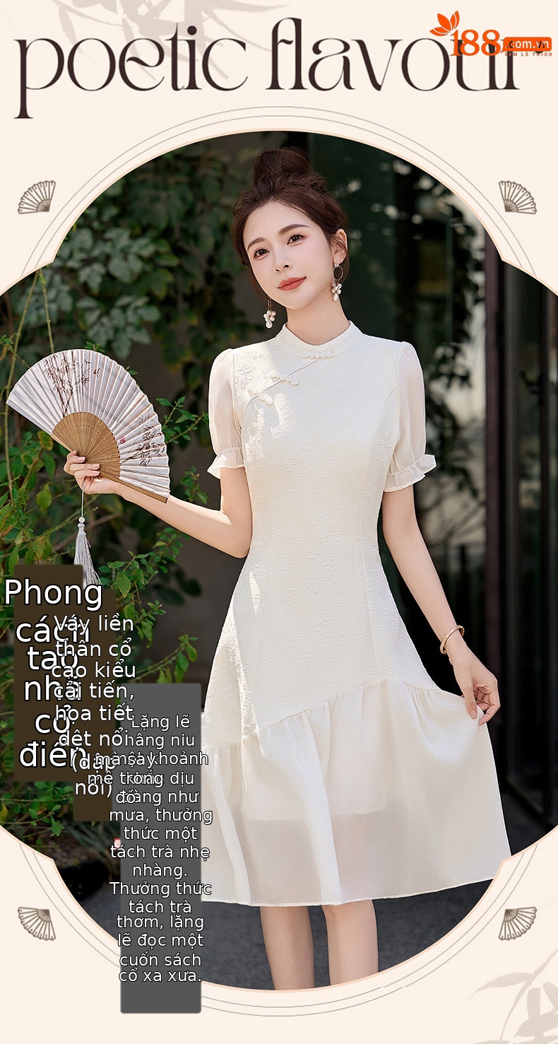 Đầm suông midi tân cổ điển tay ngắn cổ đức, thắt eo nhẹ, phong cách Trung Hoa hiện đại — màu trắng ngà chi tiết 1