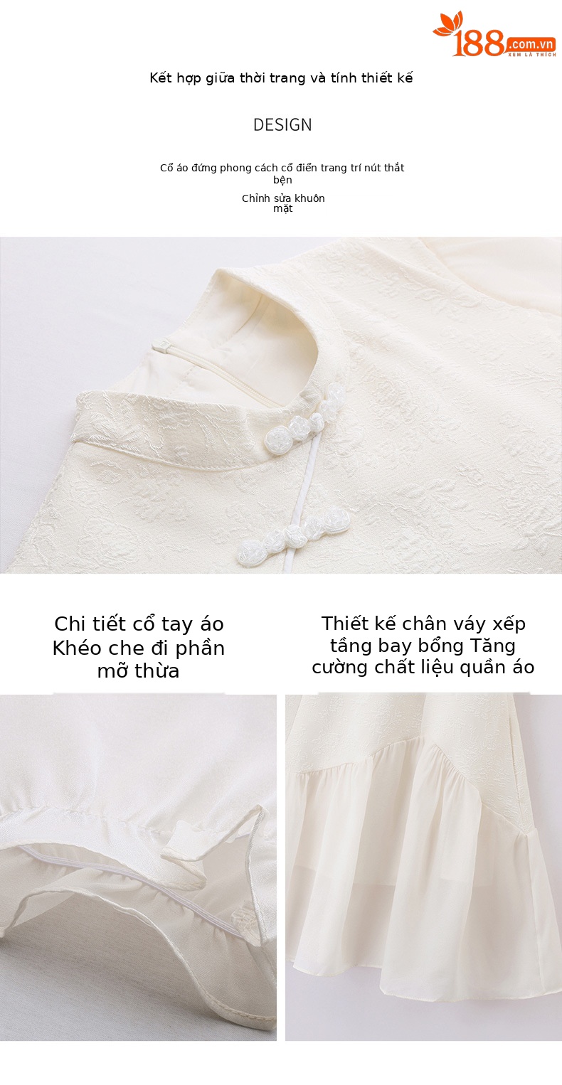 Đầm suông midi tân cổ điển tay ngắn cổ đức, thắt eo nhẹ, phong cách Trung Hoa hiện đại — màu trắng ngà chi tiết 8