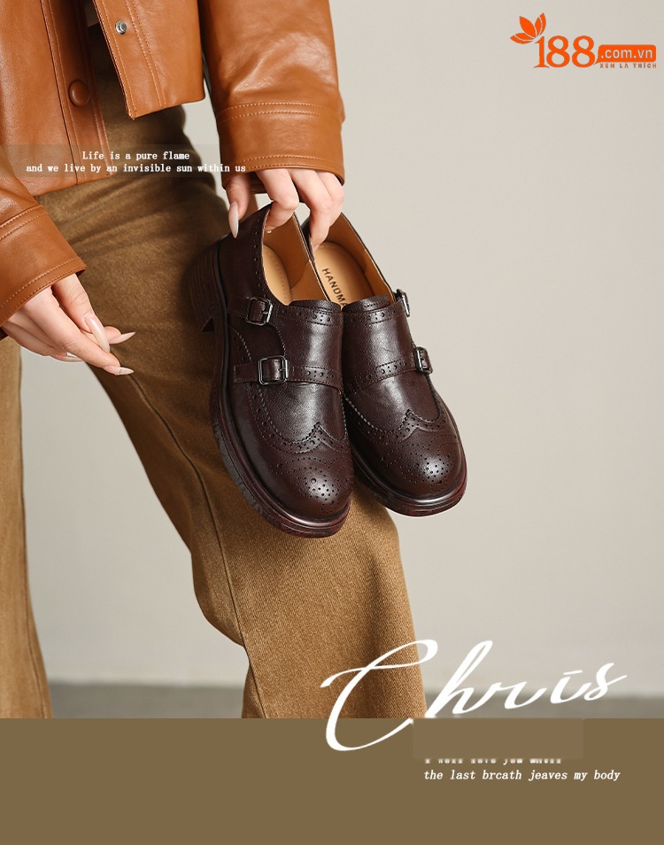 Giày loafer nữ mũi tròn bít phong cách Anh quốc, khóa thắt lưng trang trí — màu nâu chi tiết 1