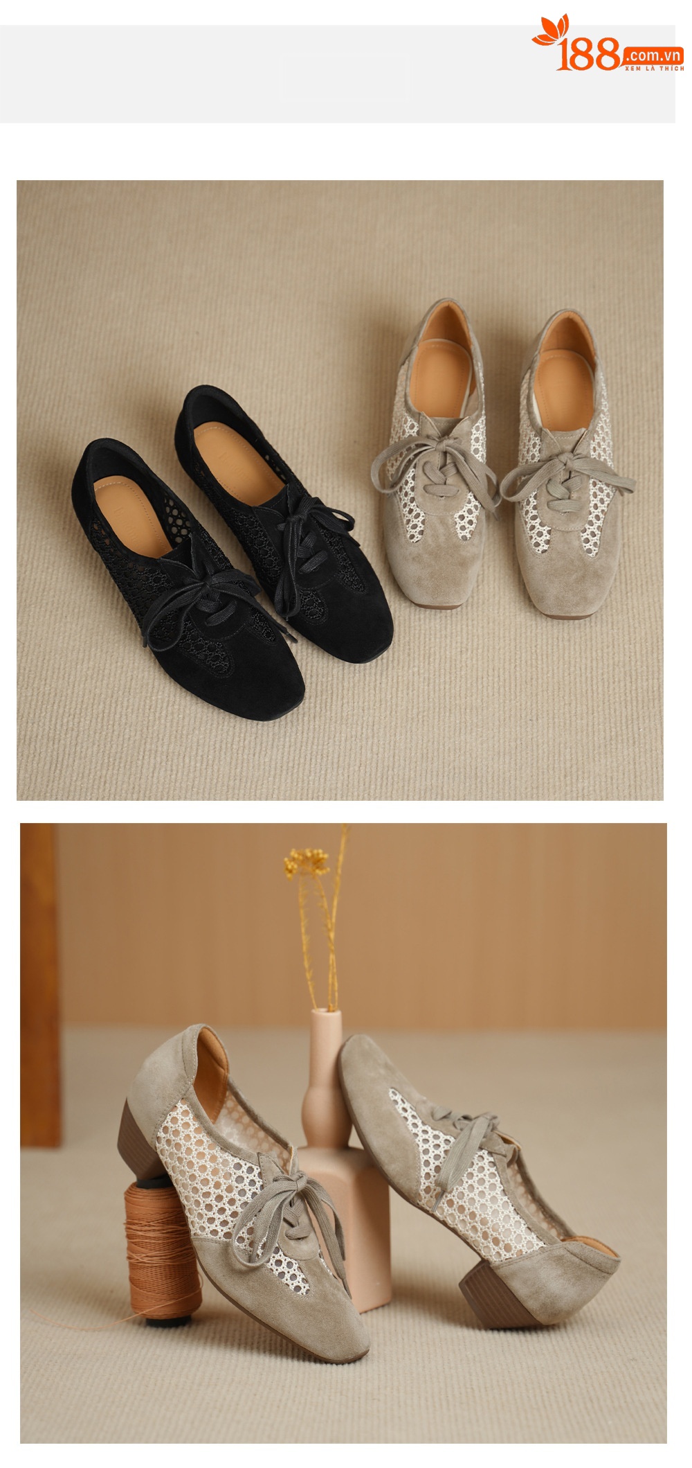 Giày sandal cao gót nữ hở mũi phối lưới, gót 4 cm, phong cách vintage — đen chi tiết 11