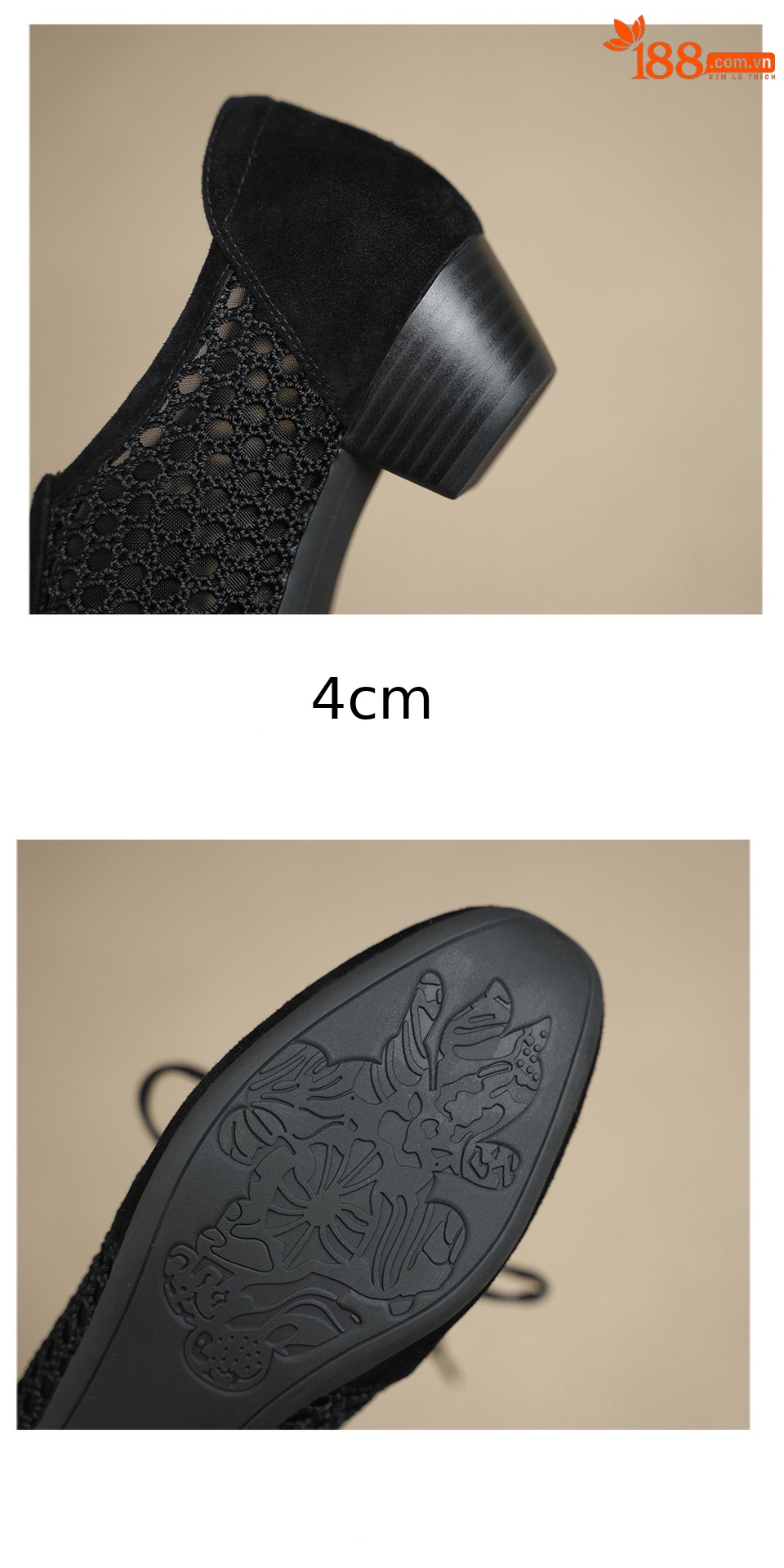 Giày sandal cao gót nữ hở mũi phối lưới, gót 4 cm, phong cách vintage — đen chi tiết 15