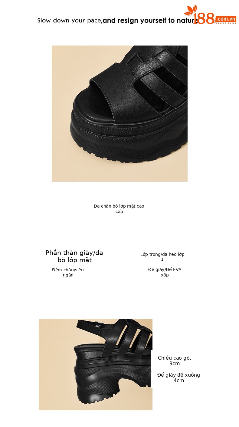 Sandal cao gót nữ da thật mũi hở gót platform 12cm — màu đen, màu trắng ngà chi tiết 3
