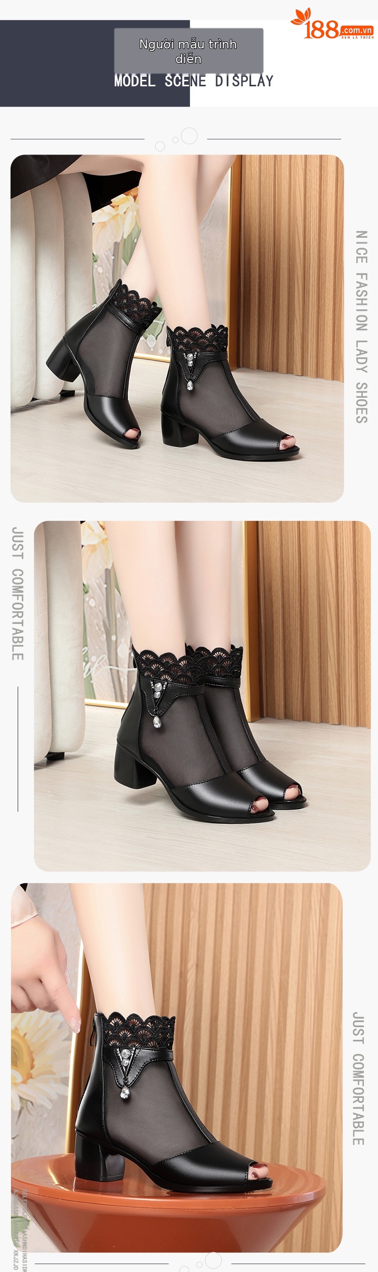 Giày sandal cao gót nữ hở mũi da thật lưới thoáng gót thô — Đen/kiểu hở mũi chi tiết 2
