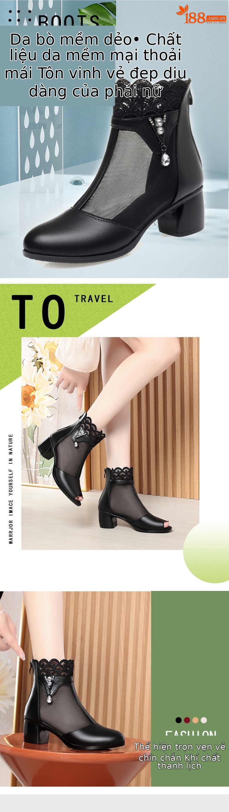 Giày sandal cao gót nữ hở mũi da thật lưới thoáng gót thô — Đen/kiểu hở mũi chi tiết 1
