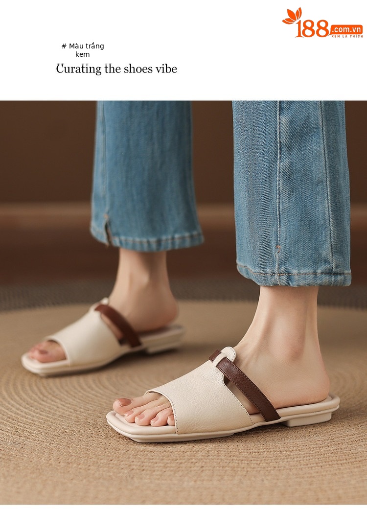 Dép sandal nữ xỏ ngón đế bệt phối màu hở mũi thời trang — màu trắng ngà, màu mơ chi tiết 10