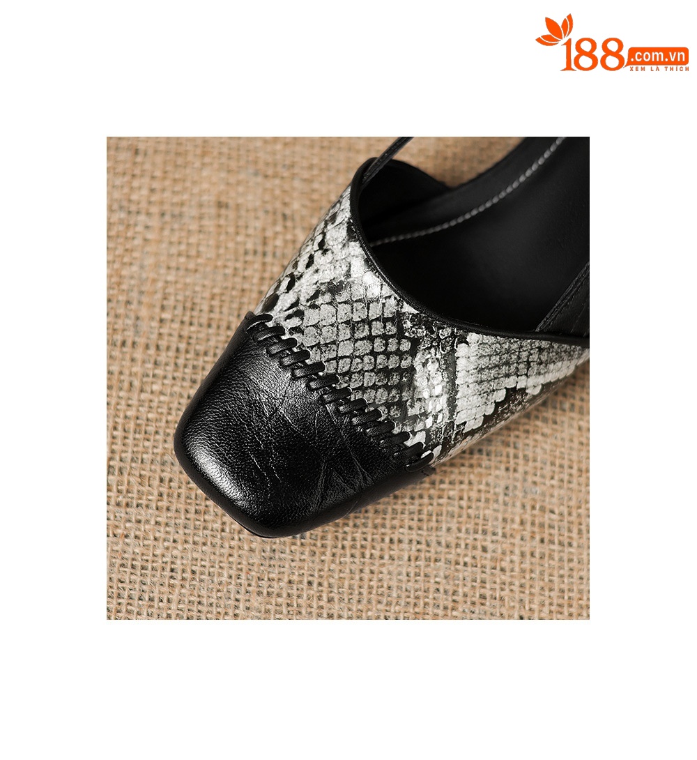Sandal nữ mũi vuông gót thấp 3 cm da cừu phối màu họa tiết rỗng — đen chi tiết 10