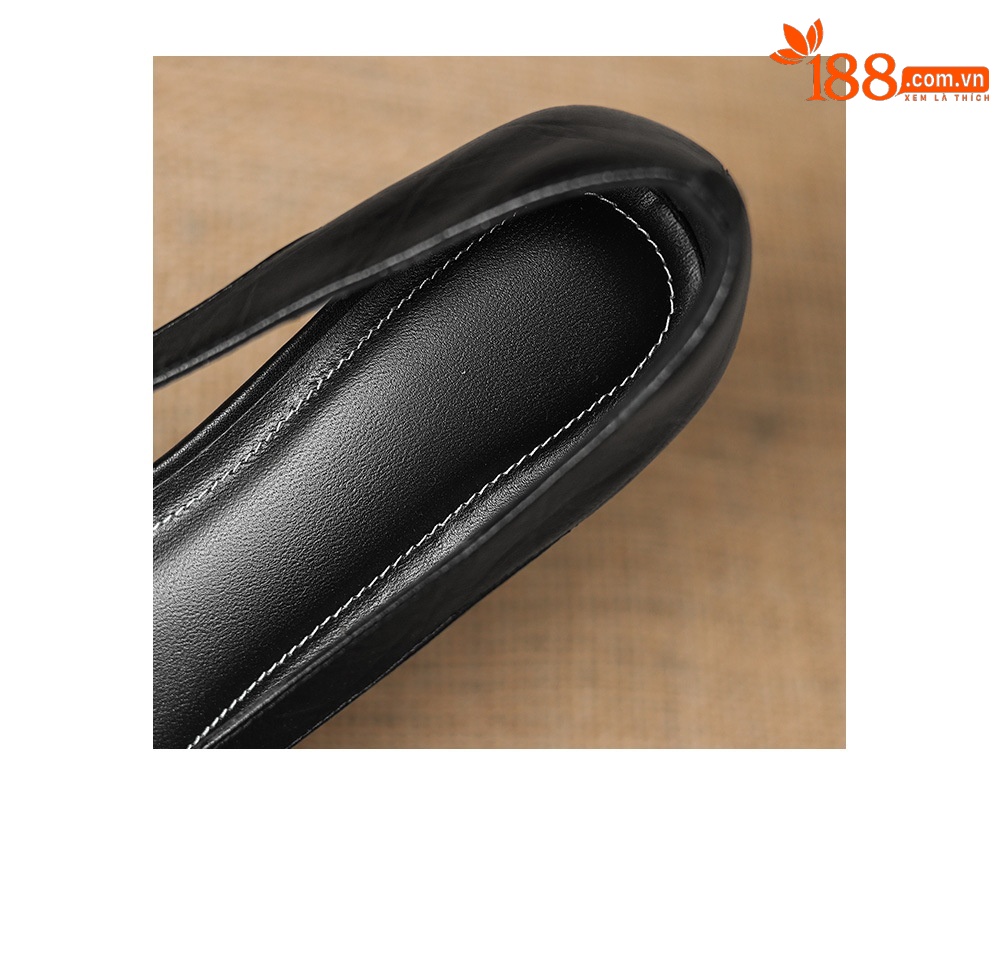Sandal nữ mũi vuông gót thấp 3 cm da cừu phối màu họa tiết rỗng — đen chi tiết 13