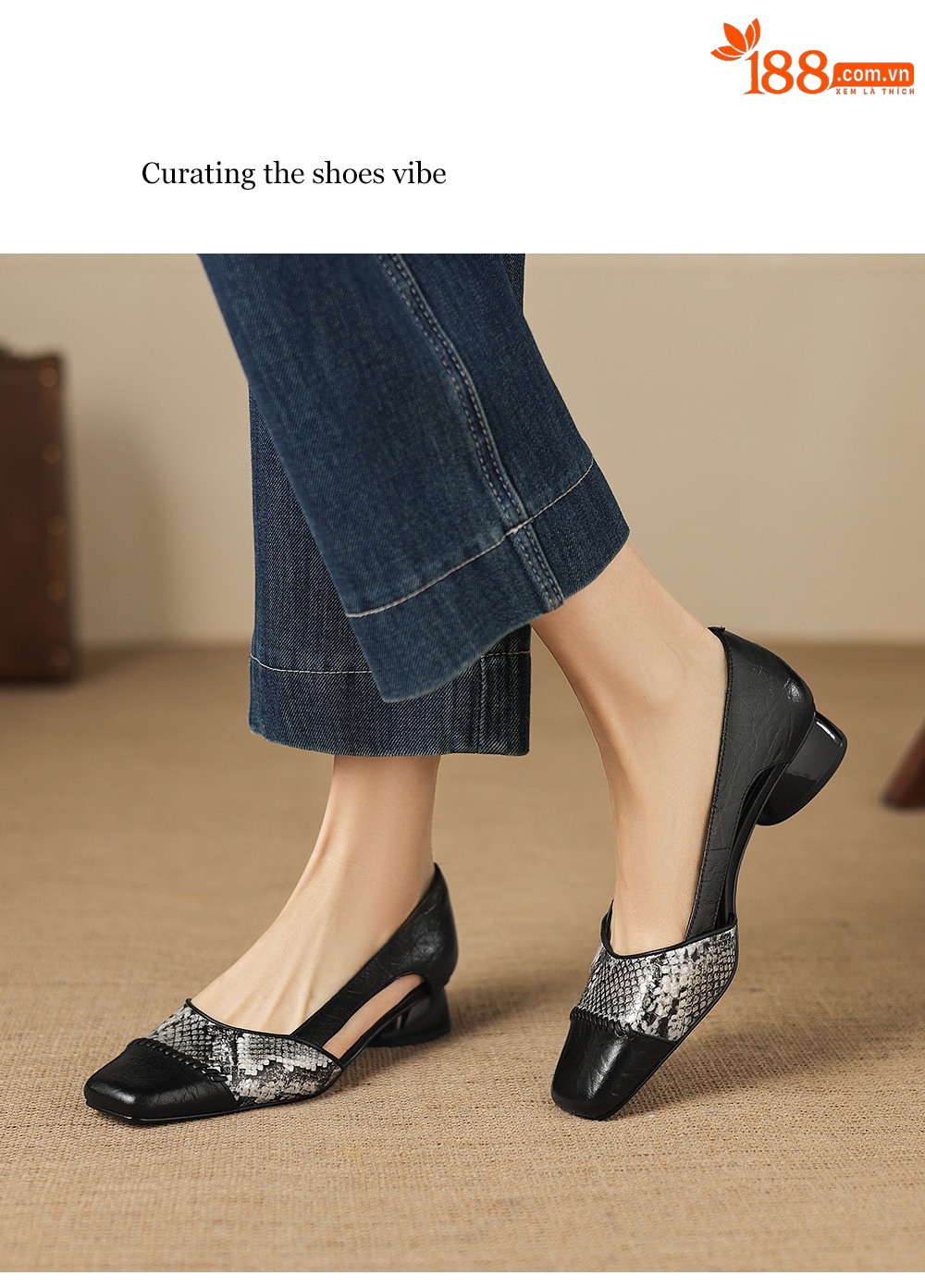 Sandal nữ mũi vuông gót thấp 3 cm da cừu phối màu họa tiết rỗng — đen chi tiết 14