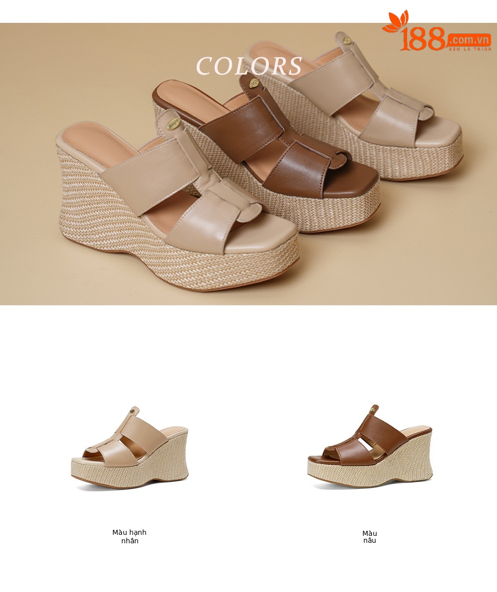 Sandal cao gót nữ hở mũi phong cách Bohemian đế xuồng đan dây — màu nâu, màu mơ chi tiết 2