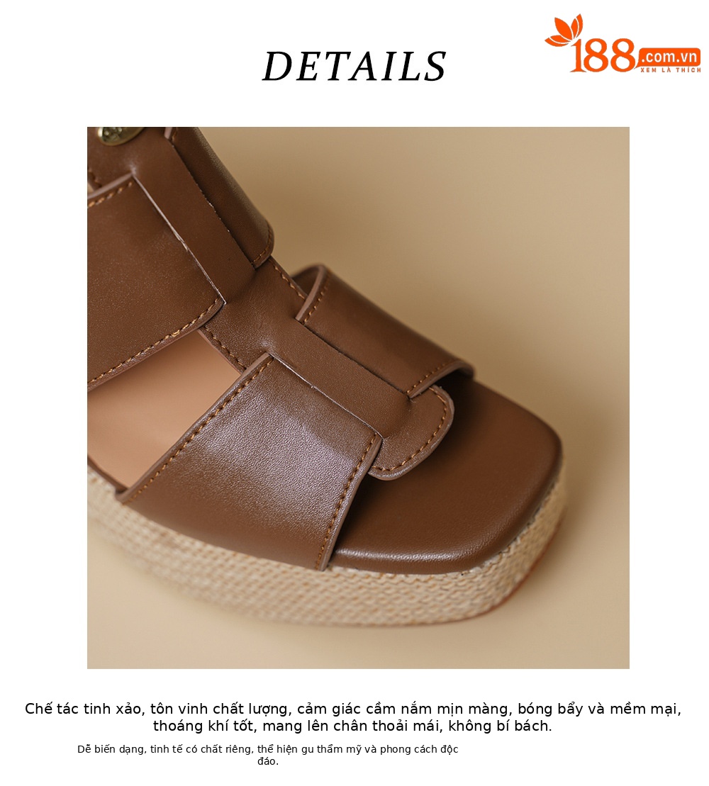 Sandal cao gót nữ hở mũi phong cách Bohemian đế xuồng đan dây — màu nâu, màu mơ chi tiết 16