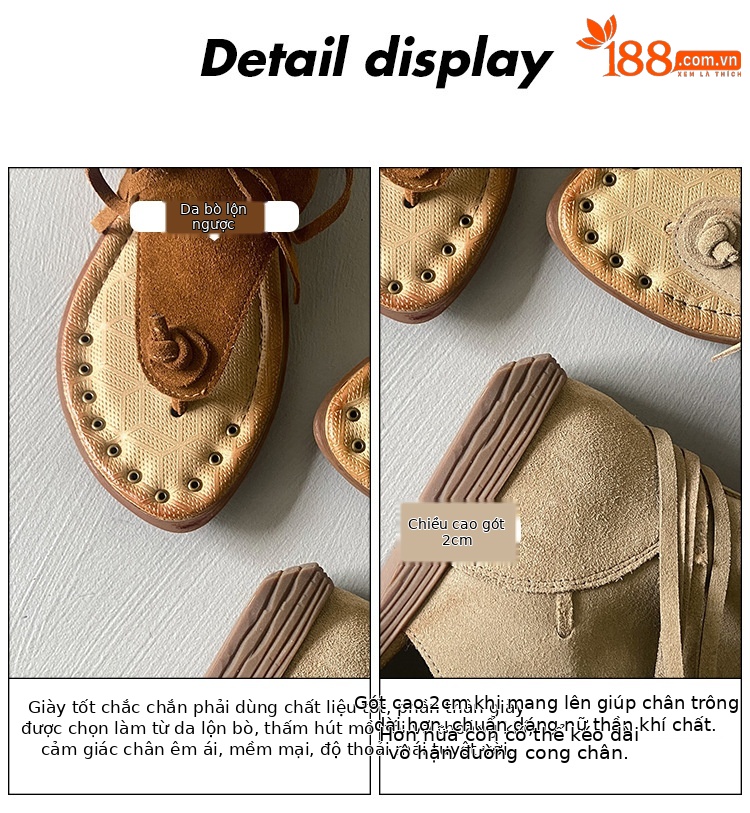 Dép sandal xỏ ngón bohemian đế bệt quai tua rua phong cách La Mã — Màu caramel, màu kaki chi tiết 7