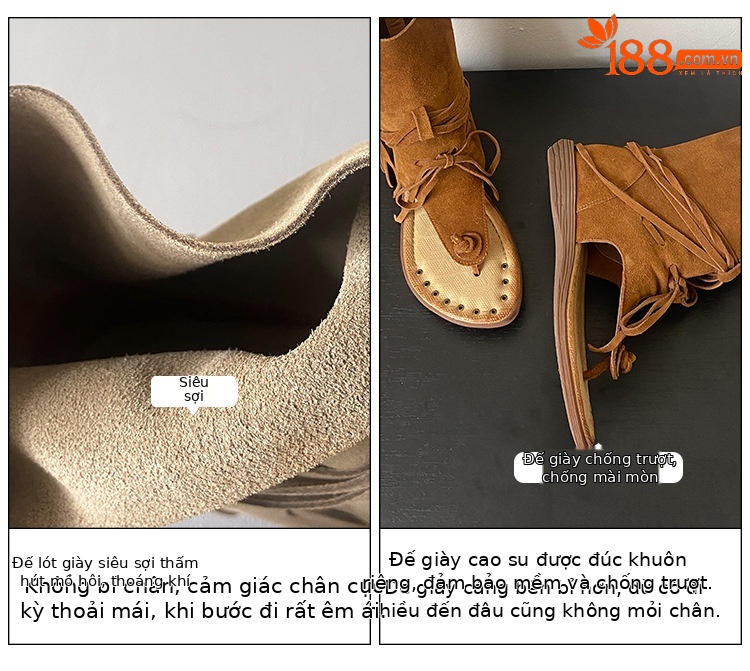 Dép sandal xỏ ngón bohemian đế bệt quai tua rua phong cách La Mã — Màu caramel, màu kaki chi tiết 8