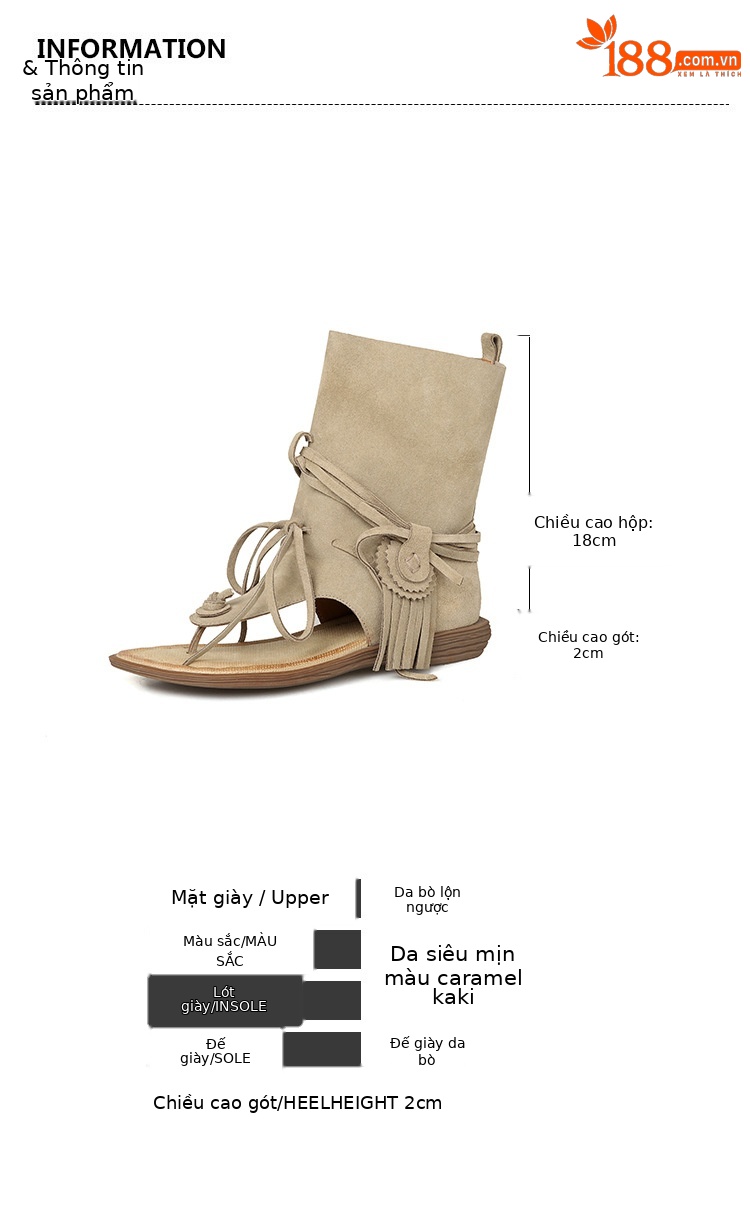 Dép sandal xỏ ngón bohemian đế bệt quai tua rua phong cách La Mã — Màu caramel, màu kaki chi tiết 5