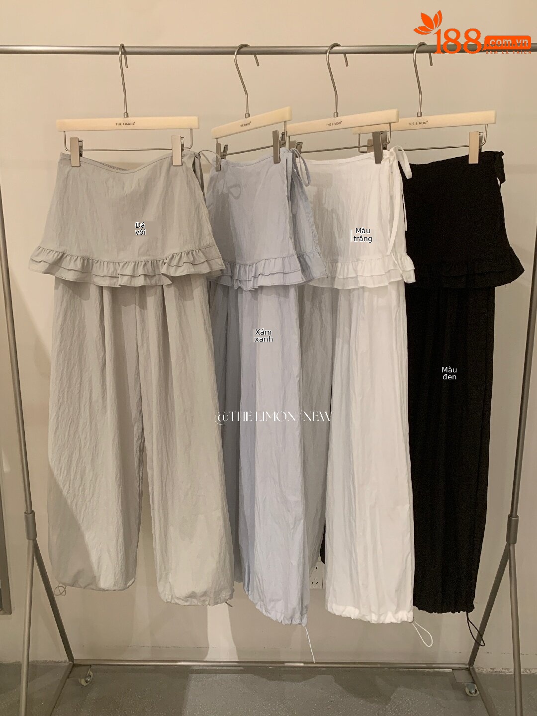 Quần culottes nữ ống rộng cạp cao, phối viền ren xếp tầng, dáng suông rộng, thanh lịch và thoải mái — màu đen, Xanh da trờicolor, màu trắng, Đá vôi chi tiết 1