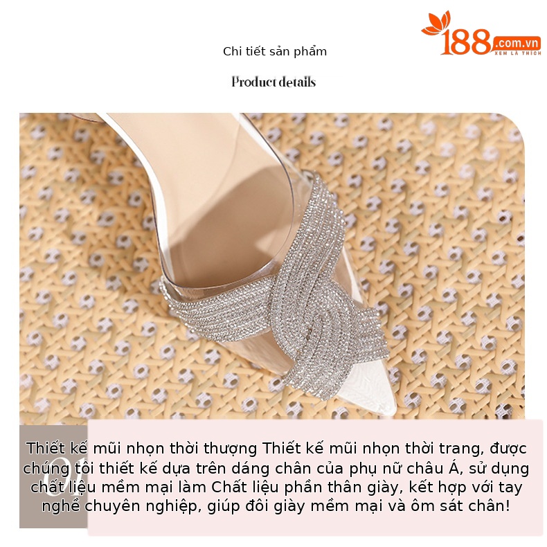Sandal cao gót nữ mũi nhọn quai trong suốt đính đá lấp lánh gót 8 cm — Trắng kem-8cm chi tiết 4