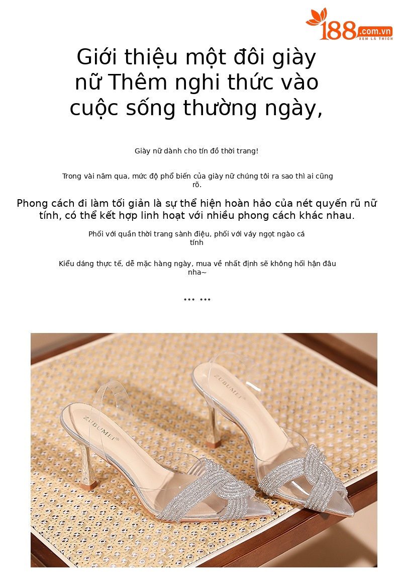 Sandal cao gót nữ mũi nhọn quai trong suốt đính đá lấp lánh gót 8 cm — Trắng kem-8cm chi tiết 2