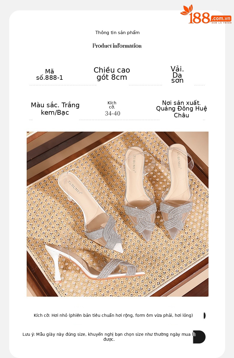 Sandal cao gót nữ mũi nhọn quai trong suốt đính đá lấp lánh gót 8 cm — Trắng kem-8cm chi tiết 3