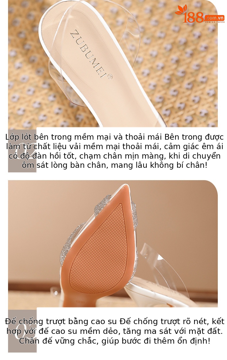 Sandal cao gót nữ mũi nhọn quai trong suốt đính đá lấp lánh gót 8 cm — Trắng kem-8cm chi tiết 5