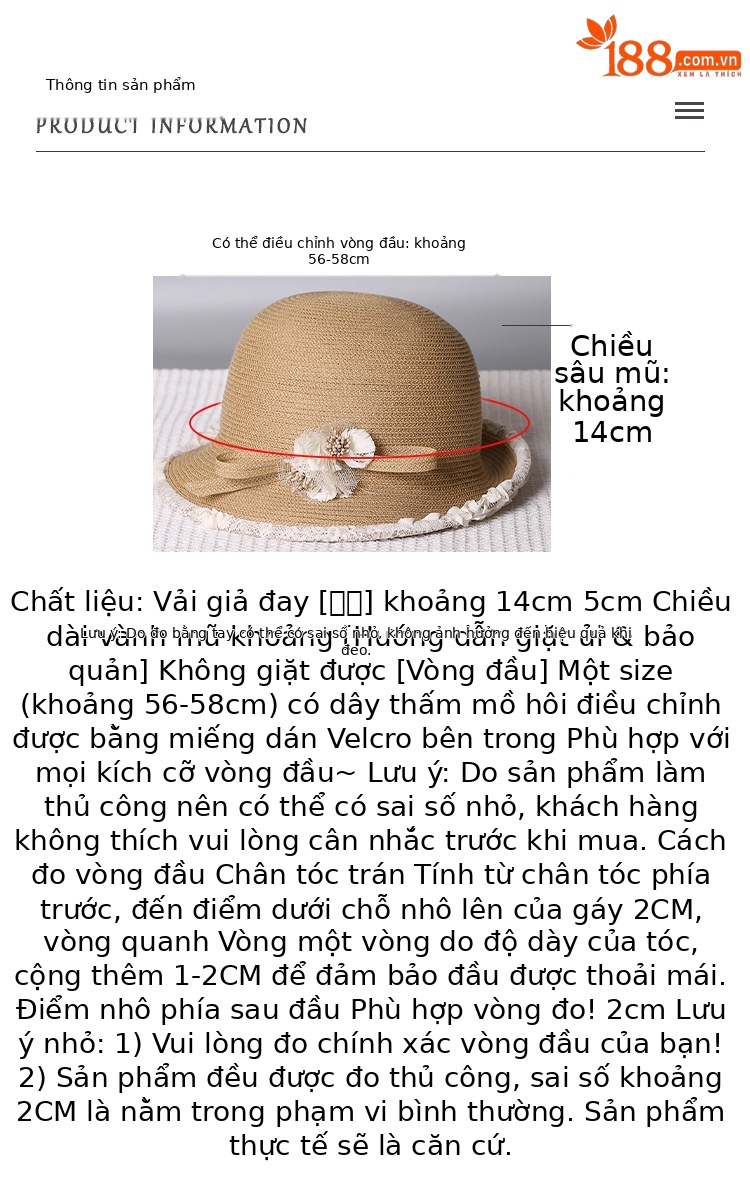 Mũ rơm nữ vành nhỏ tay viền hoa nhỏ, chống nắng mùa hè — màu be chi tiết 2