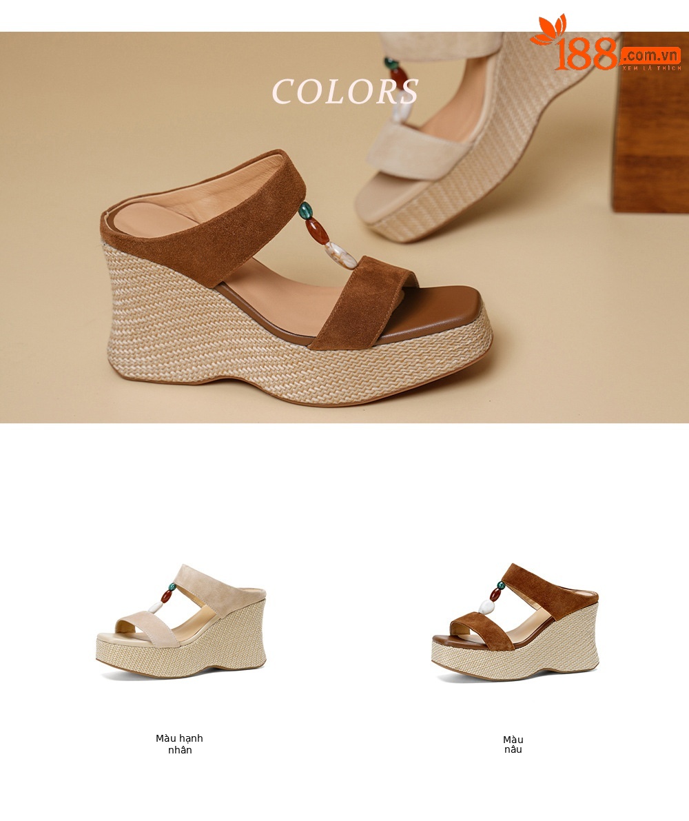 Sandal cao gót nữ hở mũi đế xuồng đan rơm gót 10 cm — màu nâu, màu mơ chi tiết 2