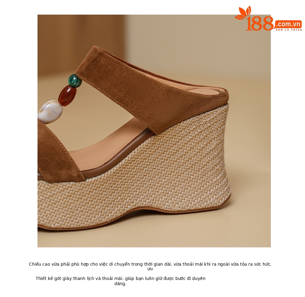 Sandal cao gót nữ hở mũi đế xuồng đan rơm gót 10 cm — màu nâu, màu mơ chi tiết 18