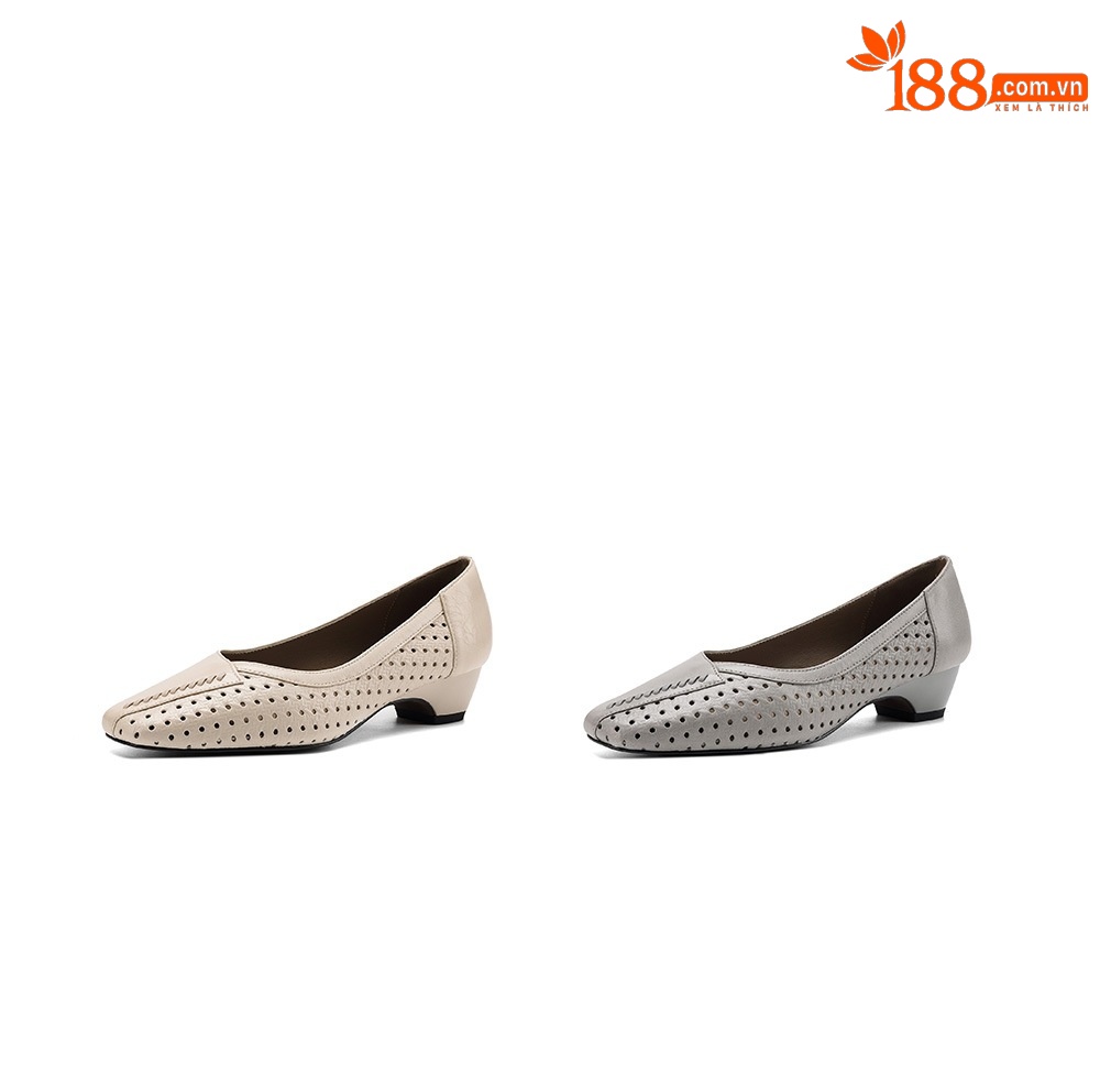 Giày lười nữ mũi vuông da dê đục lỗ hở mũi gót thấp 3,5 cm — Sương mù xanh chi tiết 6