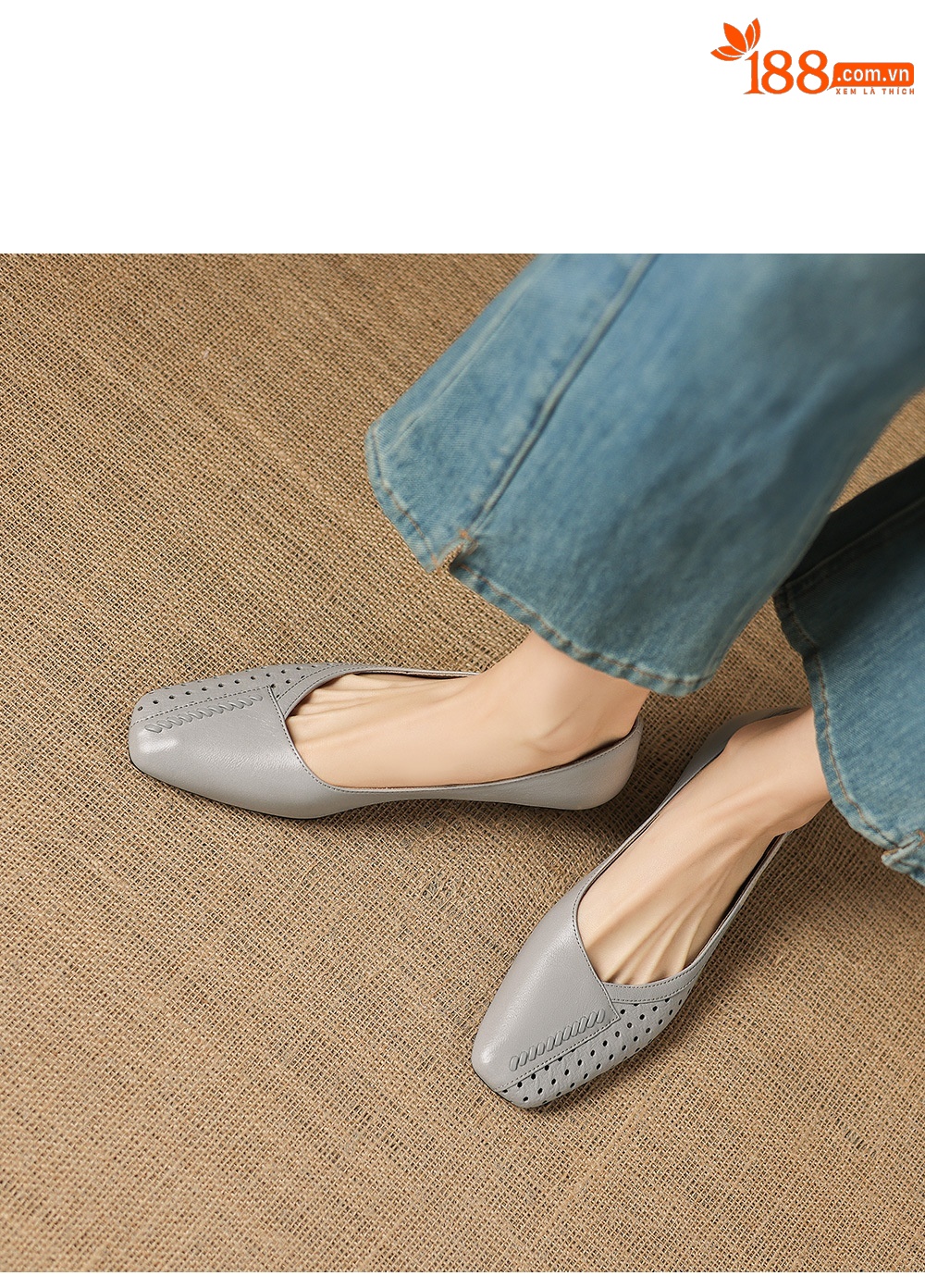 Giày lười nữ mũi vuông da dê đục lỗ hở mũi gót thấp 3,5 cm — Sương mù xanh chi tiết 10