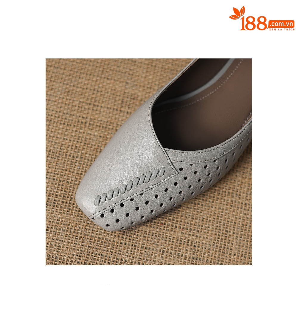 Giày lười nữ mũi vuông da dê đục lỗ hở mũi gót thấp 3,5 cm — Sương mù xanh chi tiết 13