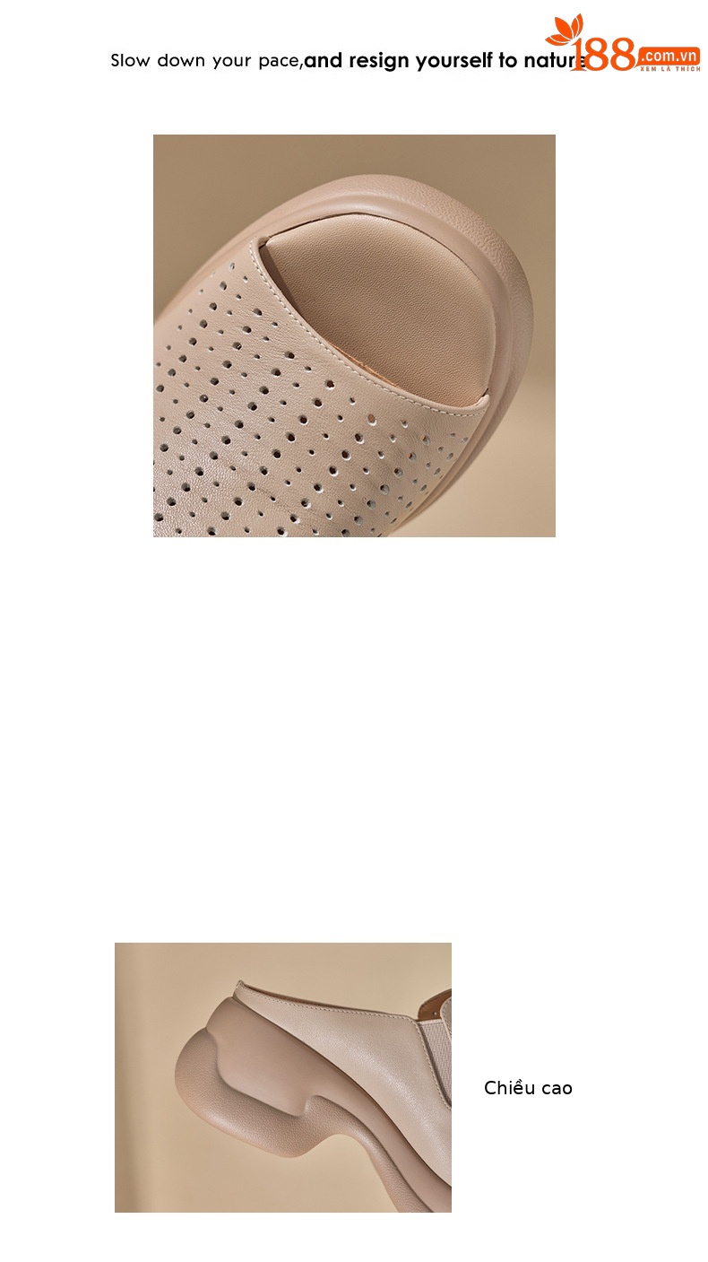 Dép sandal nữ da bò đục lỗ đế xuồng cao gót 9 cm — màu trắng ngà chi tiết 2