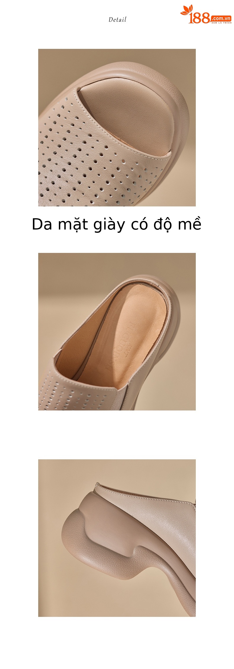 Dép sandal nữ da bò đục lỗ đế xuồng cao gót 9 cm — màu trắng ngà chi tiết 12