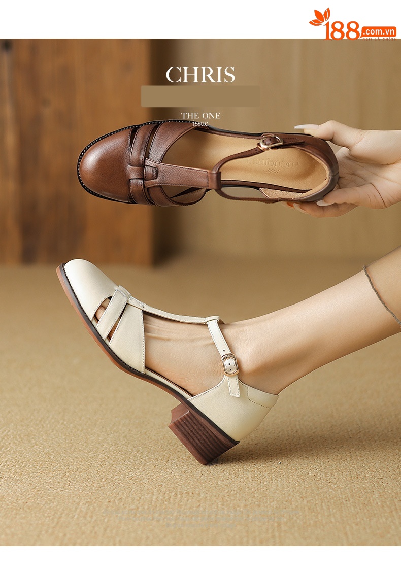 Sandal nữ quai ngang gót vuông mũi tròn bít kiểu dệt vintage — màu nâu chi tiết 1
