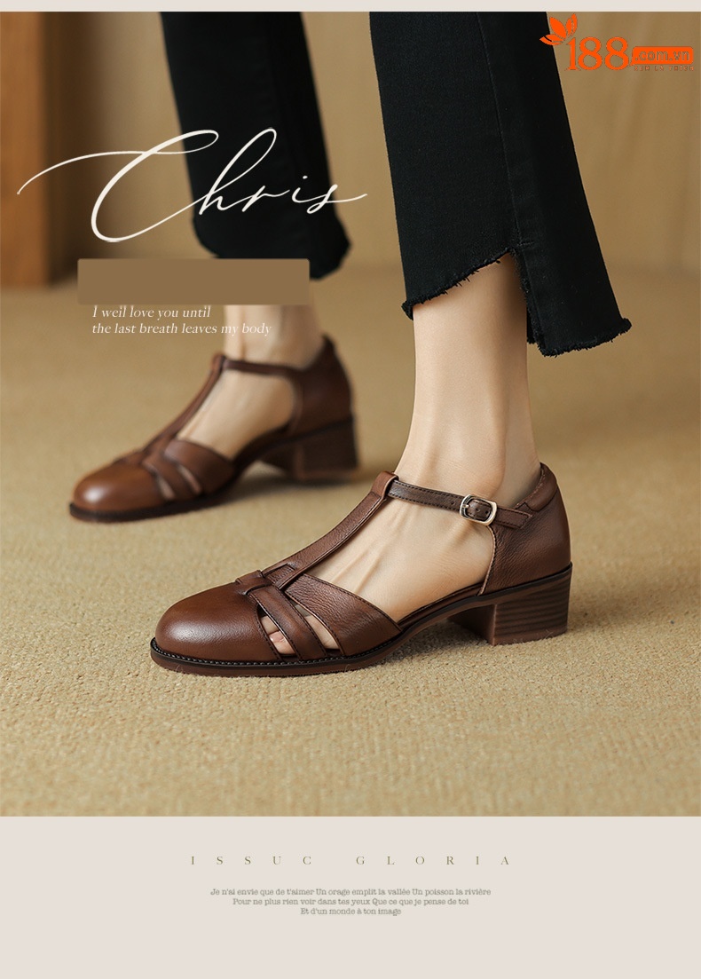 Sandal nữ quai ngang gót vuông mũi tròn bít kiểu dệt vintage — màu nâu chi tiết 2