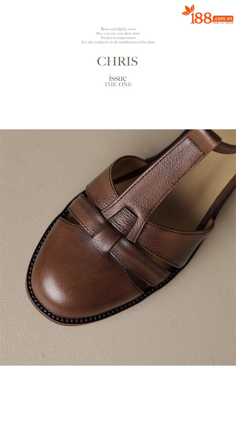 Sandal nữ quai ngang gót vuông mũi tròn bít kiểu dệt vintage — màu nâu chi tiết 13