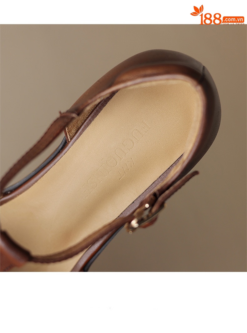 Sandal nữ quai ngang gót vuông mũi tròn bít kiểu dệt vintage — màu nâu chi tiết 14