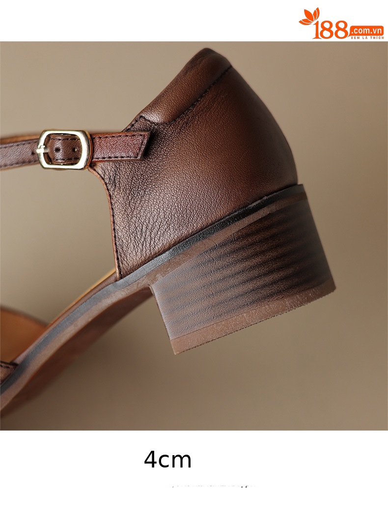 Sandal nữ quai ngang gót vuông mũi tròn bít kiểu dệt vintage — màu nâu chi tiết 15