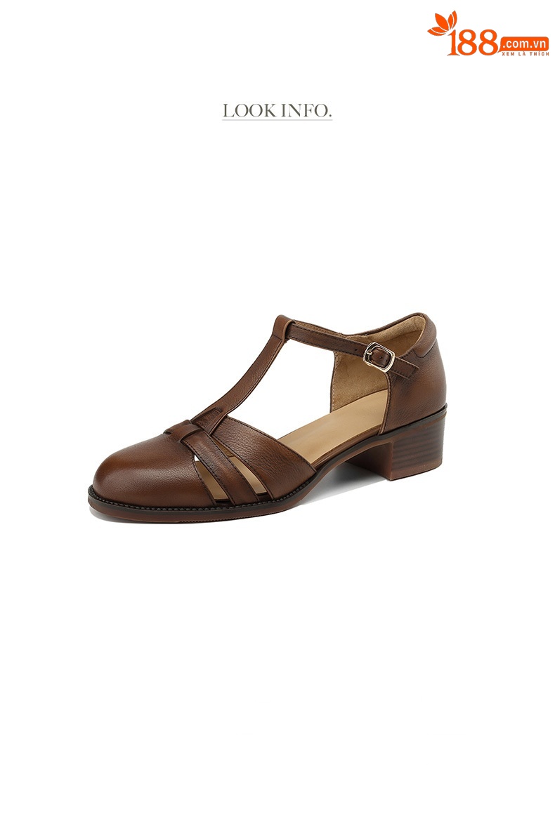 Sandal nữ quai ngang gót vuông mũi tròn bít kiểu dệt vintage — màu nâu chi tiết 3
