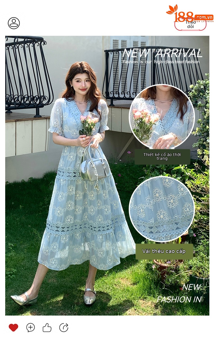 Đầm maxi nữ tay bồng ren hoa V cut-out phong cách Pháp cung đình — xanh lam, màu hồng, màu mơ chi tiết 2