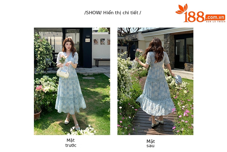Đầm maxi nữ tay bồng ren hoa V cut-out phong cách Pháp cung đình — xanh lam, màu hồng, màu mơ chi tiết 3