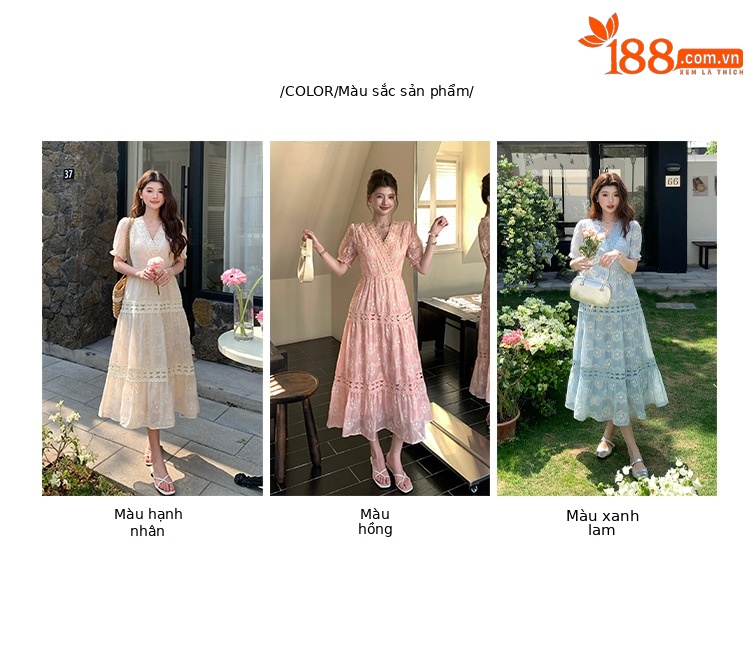 Đầm maxi nữ tay bồng ren hoa V cut-out phong cách Pháp cung đình — xanh lam, màu hồng, màu mơ chi tiết 4
