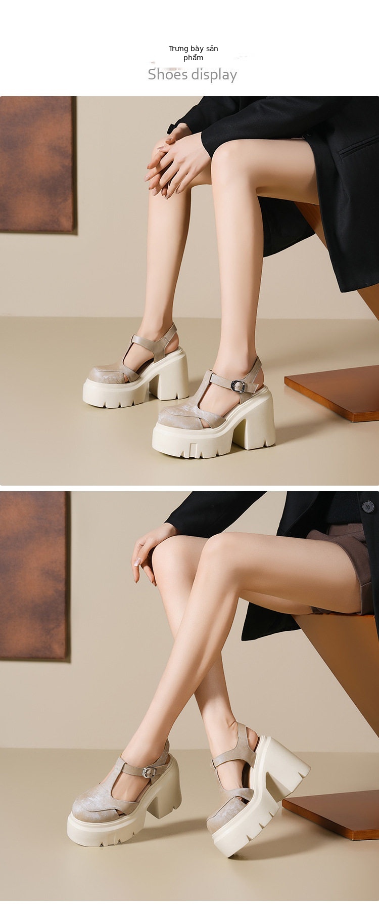 Sandal cao gót nữ hở mũi phong cách La Mã, đế xuồng 12 cm, da bò thật — [Trắng kem], [Hạnh đậm], [Đen] chi tiết 2