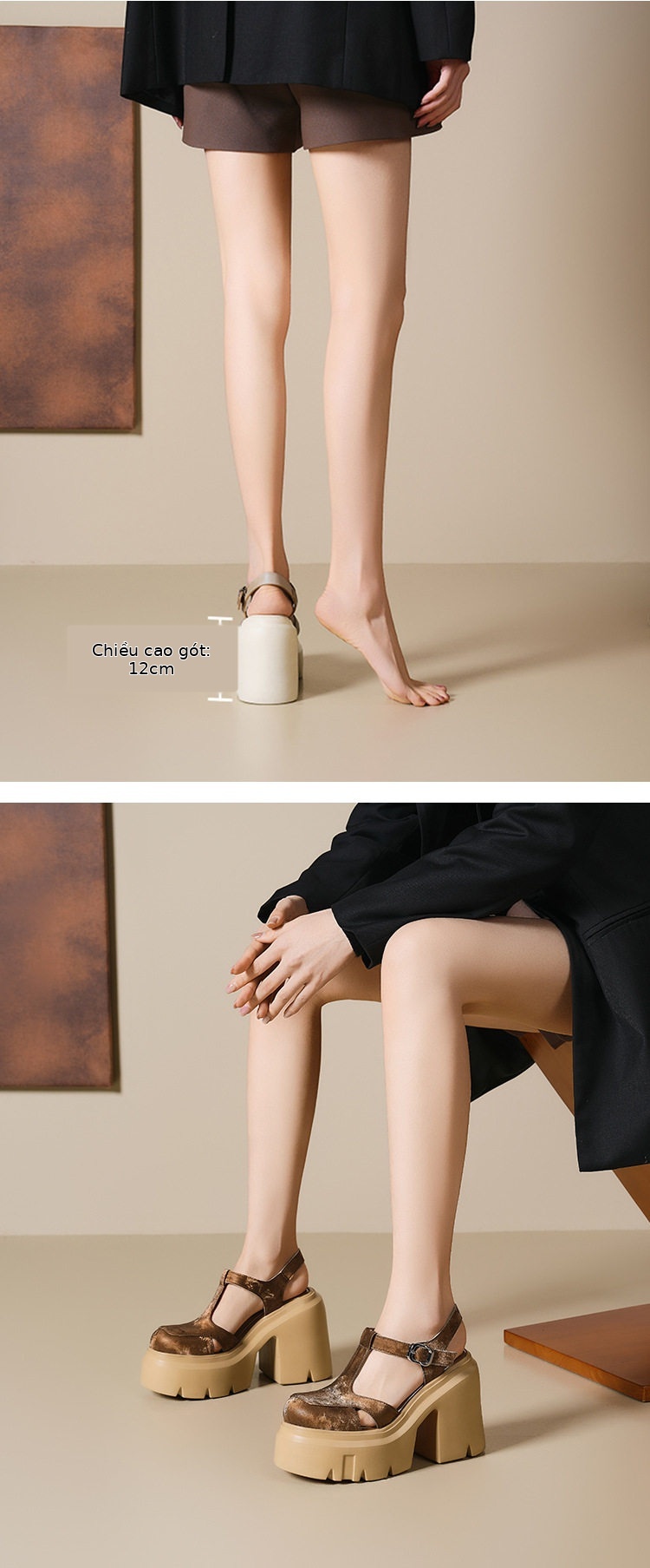 Sandal cao gót nữ hở mũi phong cách La Mã, đế xuồng 12 cm, da bò thật — [Trắng kem], [Hạnh đậm], [Đen] chi tiết 4