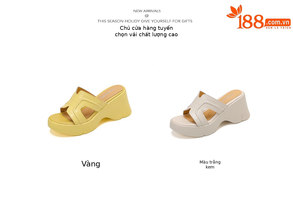 Dép sandal nữ quai chữ V đế xuồng cao 8 cm, mũi hở, đế dày êm chân — Trắng kem-, màu vàng chi tiết 5