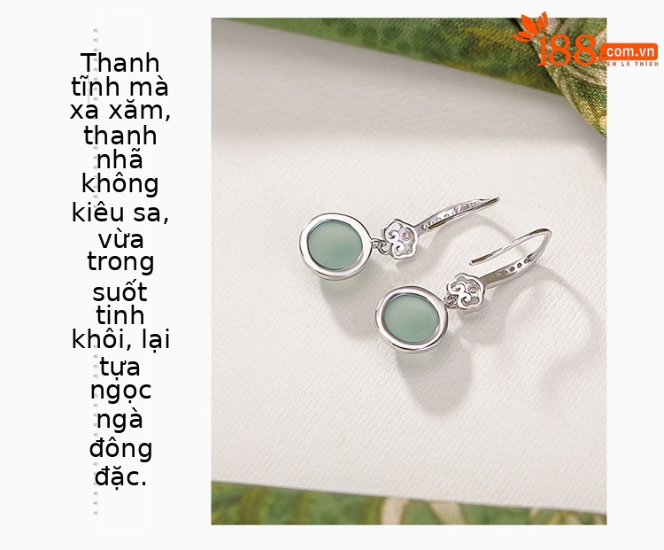 Khuyên tai bạc S925 hình móc câu đính ngọc bích lam thủy phỉ thúy hạt tròn hình học phong cách tân trung hoa — Phong cách 1 chi tiết 4