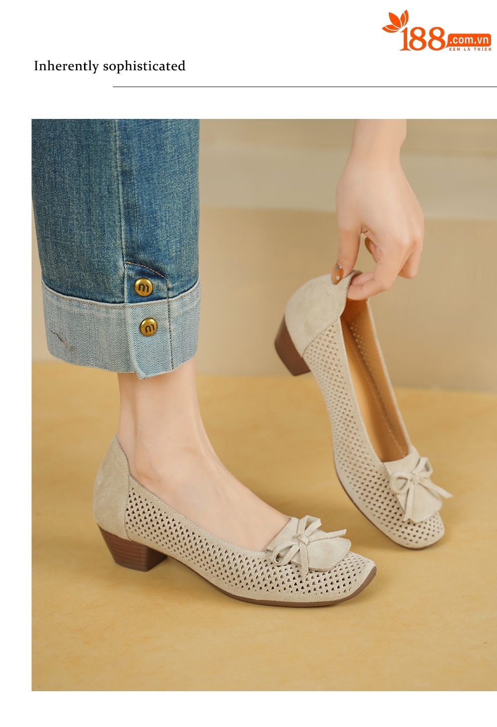 Giày cao gót nữ da lật bò mũi nhọn gót vuông 3.5cm, kiểu dáng nơ xinh — màu sắc chi tiết 4