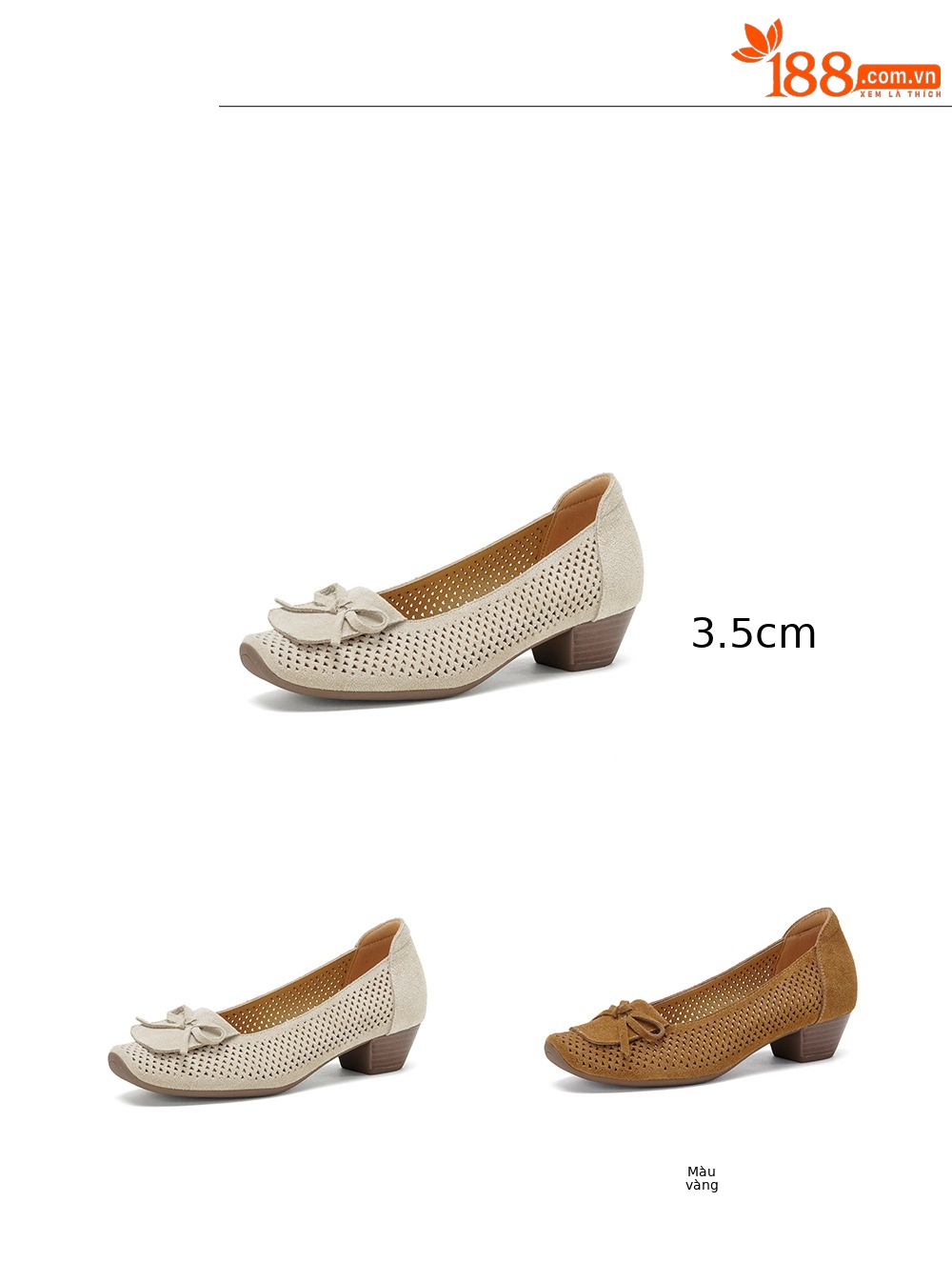 Giày cao gót nữ da lật bò mũi nhọn gót vuông 3.5cm, kiểu dáng nơ xinh — màu sắc chi tiết 3