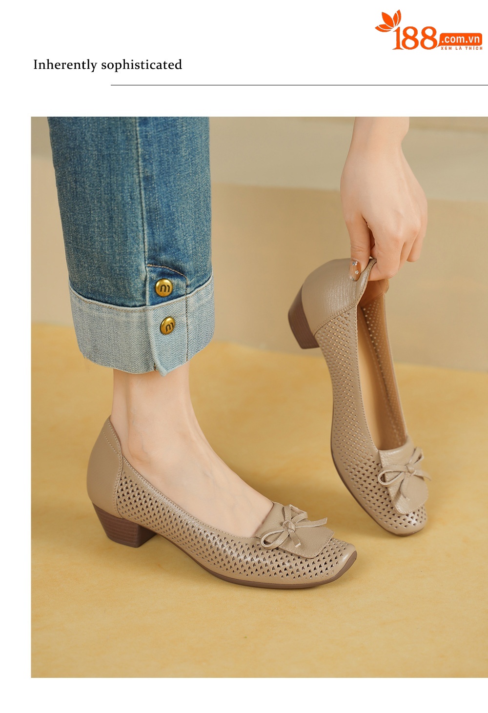 Giày cao gót nữ da cừu mũi nhọn gót vuông ổn định 3.5cm nơ bướm — màu trắng ngà chi tiết 4