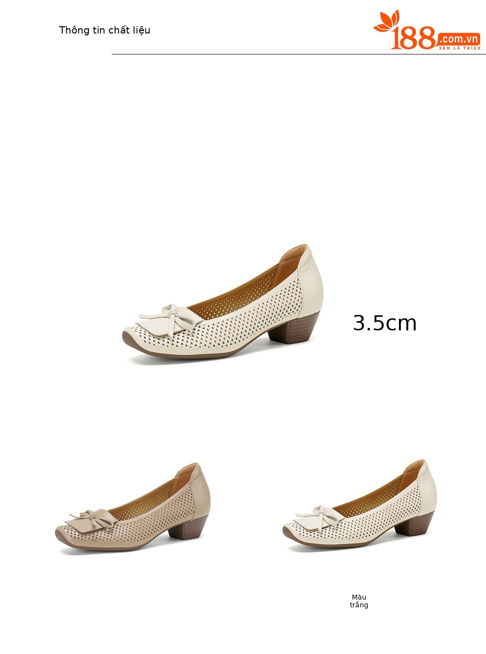 Giày cao gót nữ da cừu mũi nhọn gót vuông ổn định 3.5cm nơ bướm — màu trắng ngà chi tiết 3