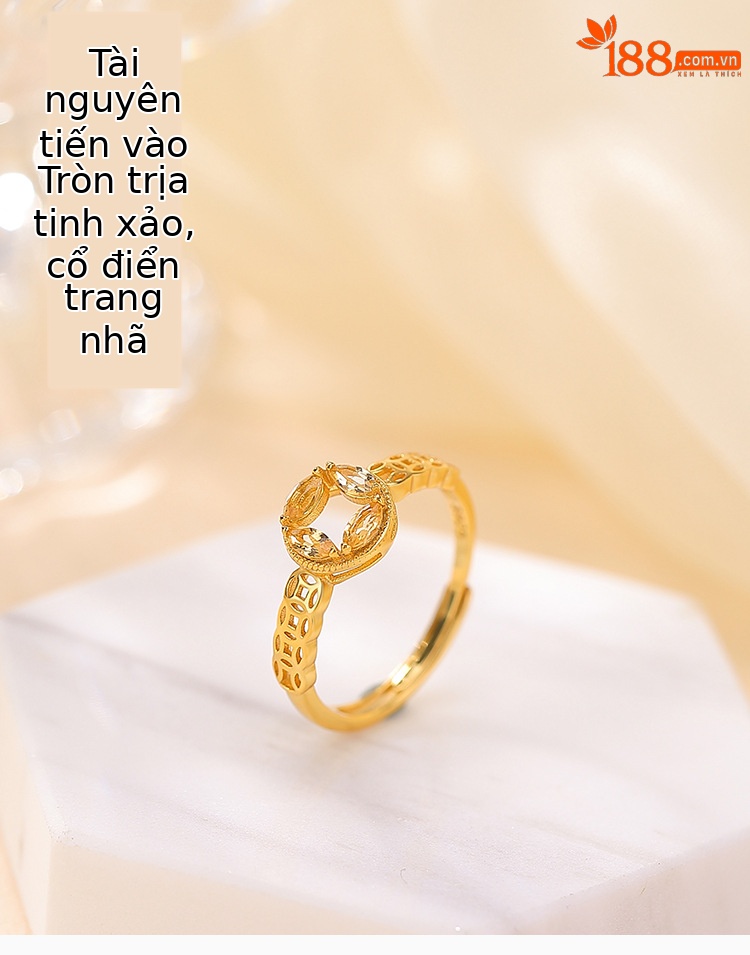 Nhẫn bạc S925 mạ vàng đính đá pha lê hình đồng xu rỗng cá tính, có thể điều chỉnh độ mở — Một mảnh chi tiết 1