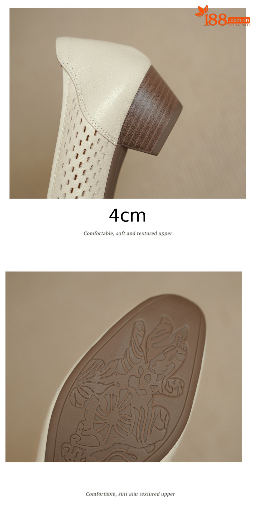 Giày cao gót nữ da cừu mũi nhọn hở lỗ gót vuông 4 cm đế mềm — màu be chi tiết 15